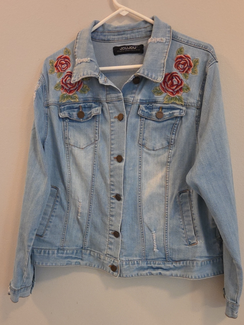 JouJou Denim Jacket Embroided Red Rores DisStresed Jean Jacket Large